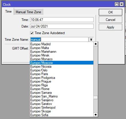 выбор часового пояса Mikrotik